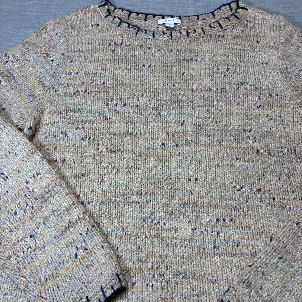 Pure Jill J. Jill Beige Marled Sweater Womens Medium Blanket Stitch Trim - Picture 2 of 12